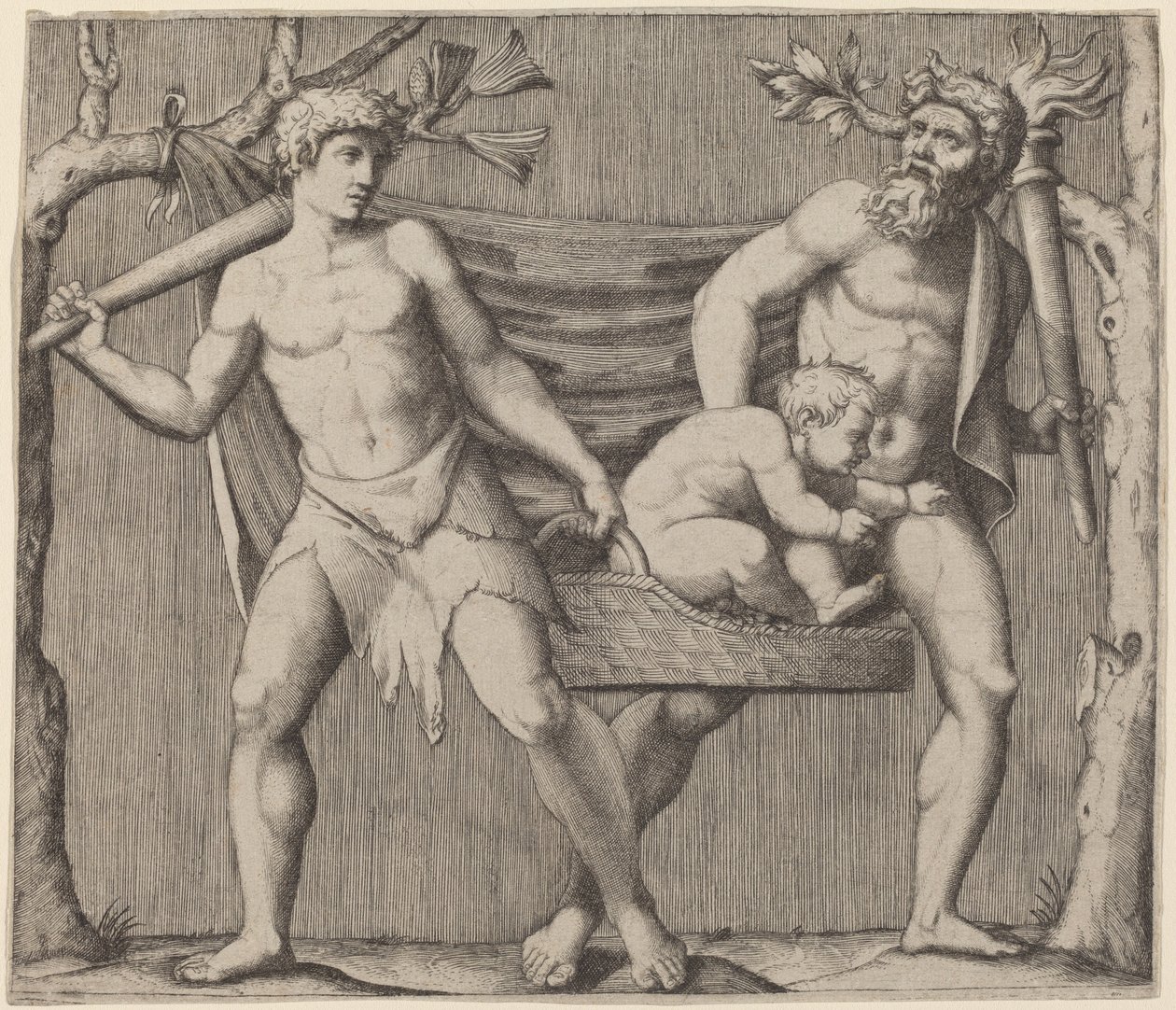 Twee Faunen die een Kind Dragen door Marcantonio Raimondi