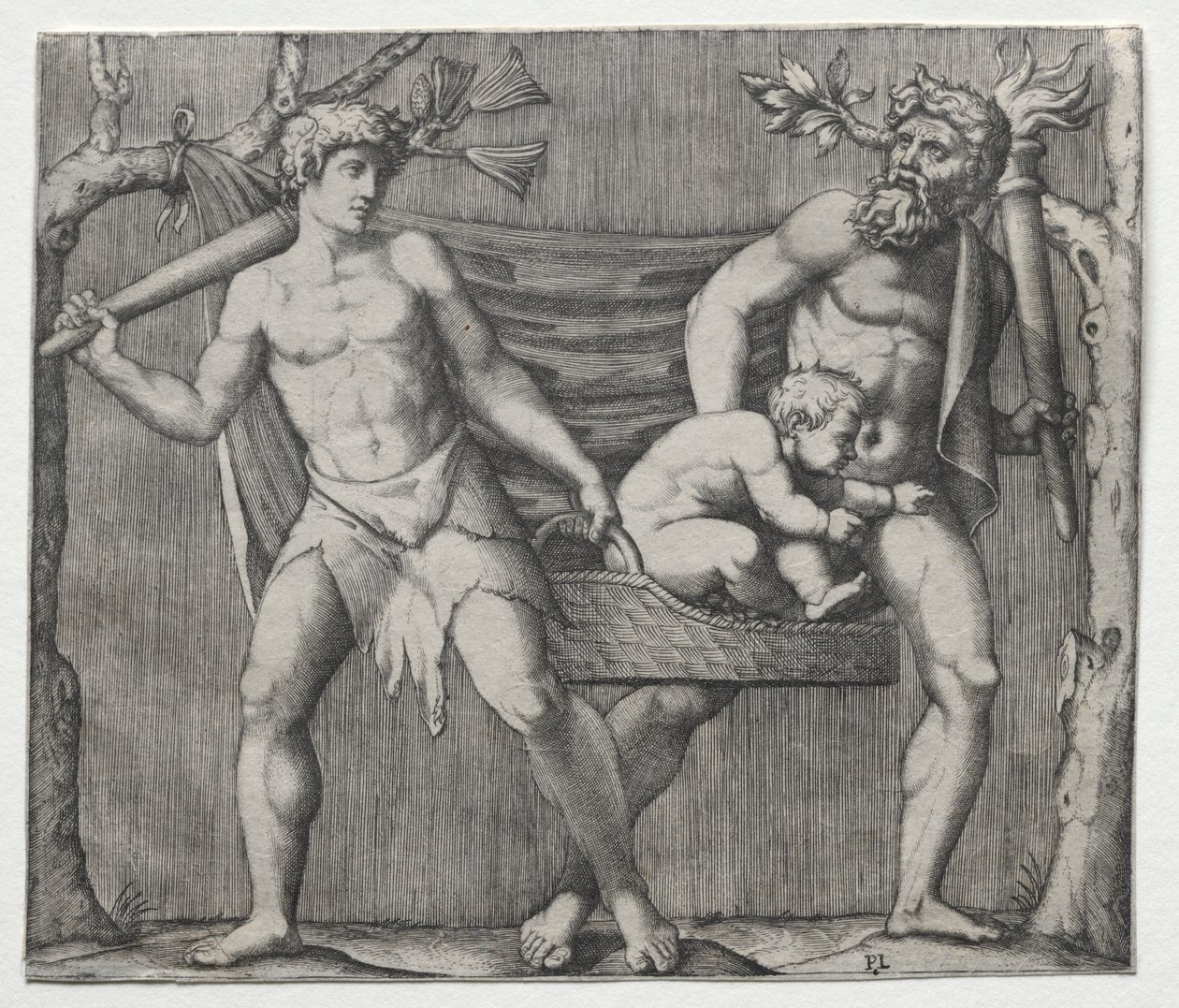 Twee Faunen die een Kind in een Mand dragen door Marcantonio Raimondi