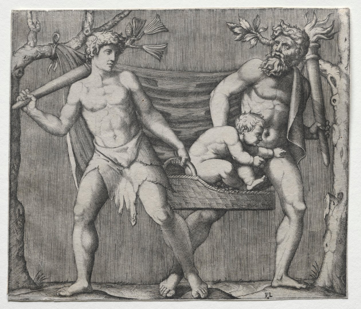 Twee faunen die een kind in een mand dragen, ca. 1513-1515 door Marcantonio Raimondi