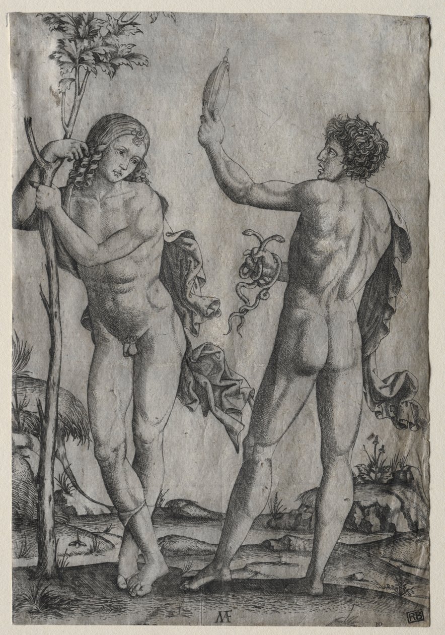 Twee naakte mannen naast een boom door Marcantonio Raimondi