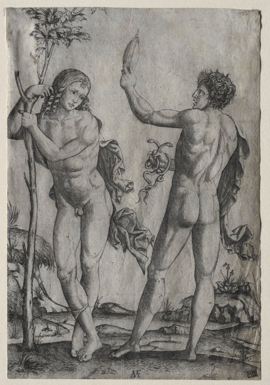 Twee naakte mannen naast een boom door Marcantonio Raimondi