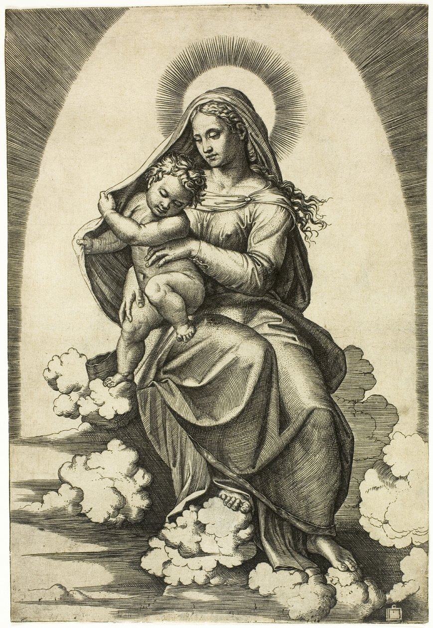 Maagd en Kind Zittend op Wolken door Marcantonio Raimondi
