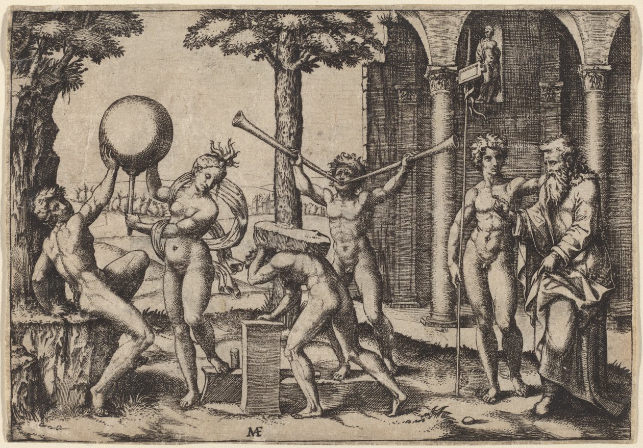 De Man met Twee Trompetten door Marcantonio Raimondi after Baccio Bandinelli