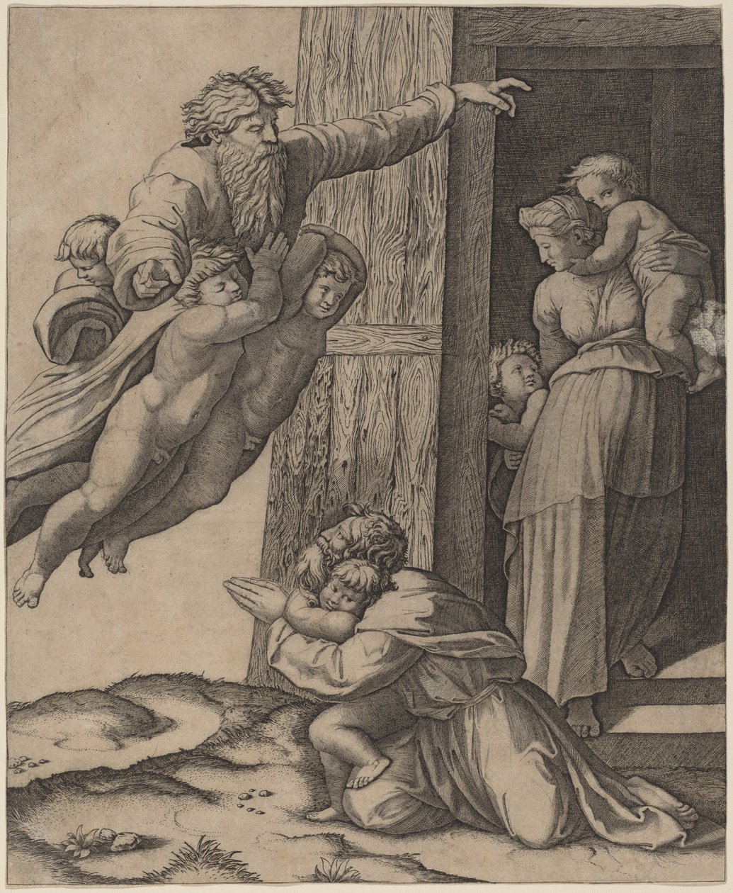 God Verschijnt aan Noach door Marcantonio Raimondi after Raphael