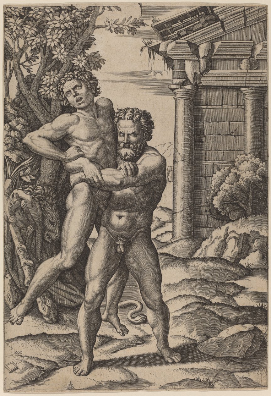 Hercules en Antaeus door Marcantonio Raimondi, after Raphael