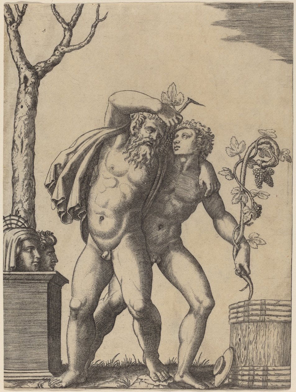 Een Jonge en een Oude Bacchant door Marcantonio Raimondi possibly after Raphael possibly after Giulio Romano