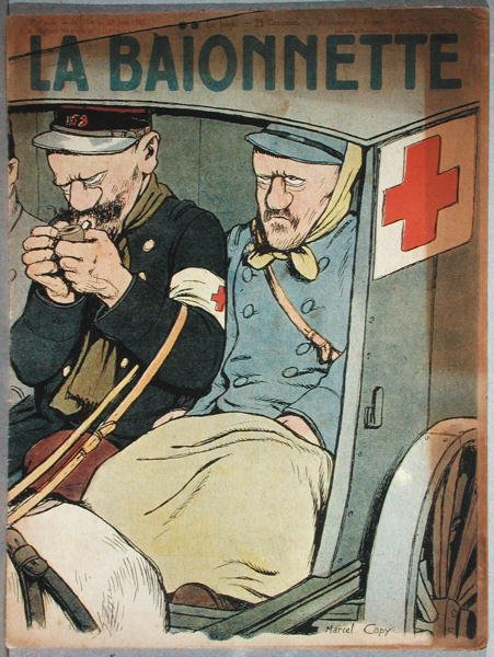 Karikatuur van een ambulance, voorpagina van La Baionnette, 28 juni 1917 door Marcel Amable O.L. Capy