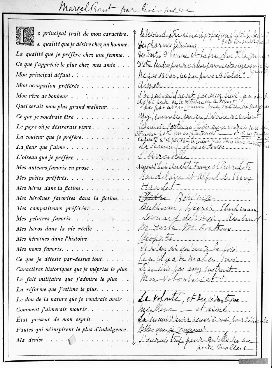 Vragenlijst ingevuld door Marcel Proust, 1890 door Marcel Proust
