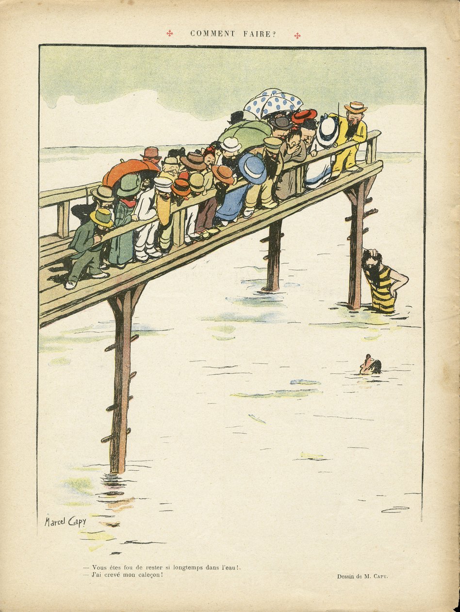 Illustratie van Marcel Capy (1865-1941) in Le Rire, 24/08/12 - Hoe doe je het? - Vrije tijd, Architectuur Stedenbouw, Marine Marine Kust, Zwemmen Zwemmen Zwemmen, Menigte door Marcel Amable O.L. Capy