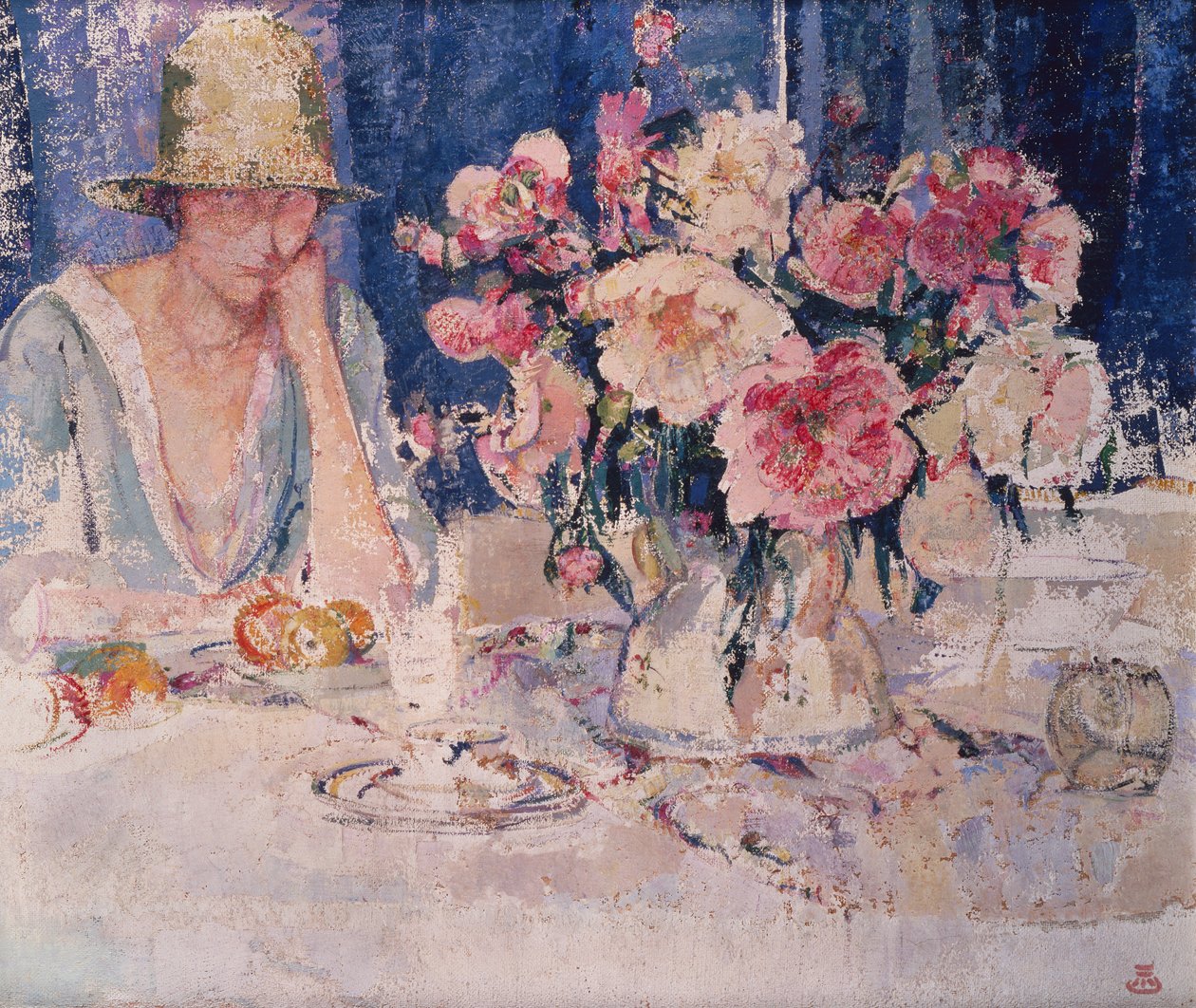 Vrouw aan tafel vol bloemen door Marcel Jefferys
