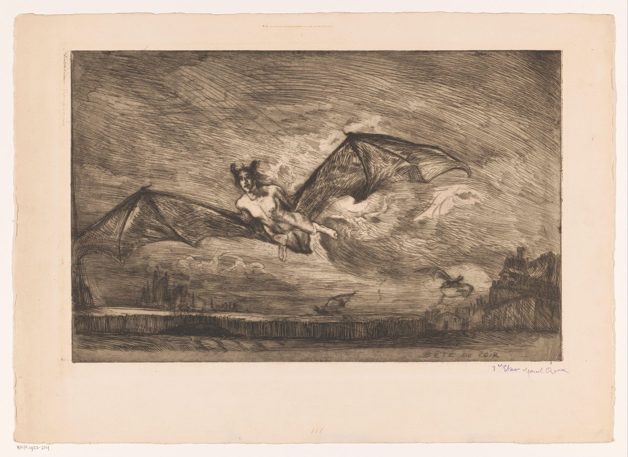 Nachtlandschap met vleermuisachtige wezens door Marcel Roux (signed by artist)