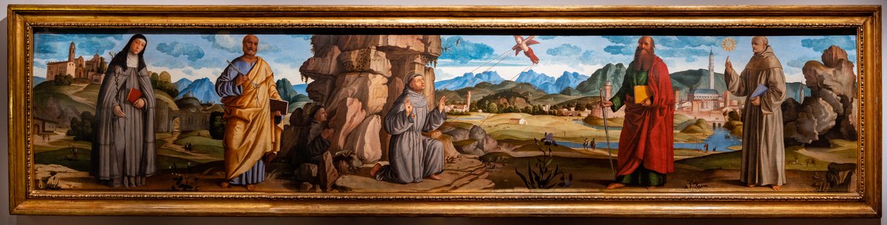 St. Franciscus ontvangt de stigmata tussen St. Clara en Petrus, de zalige Bartolomeo van Breganze, en St. Paulus en Bernardinus door Marcello Fogolino