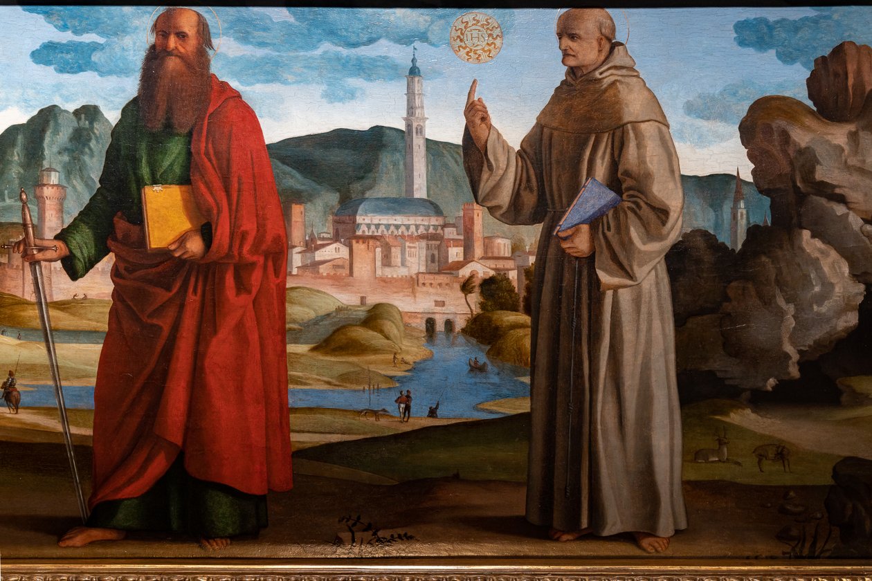 St. Franciscus ontvangt de stigmata tussen St. Clara en Petrus, de zalige Bartolomeo van Breganze, en St. Paulus en Bernardinus, detail door Marcello Fogolino