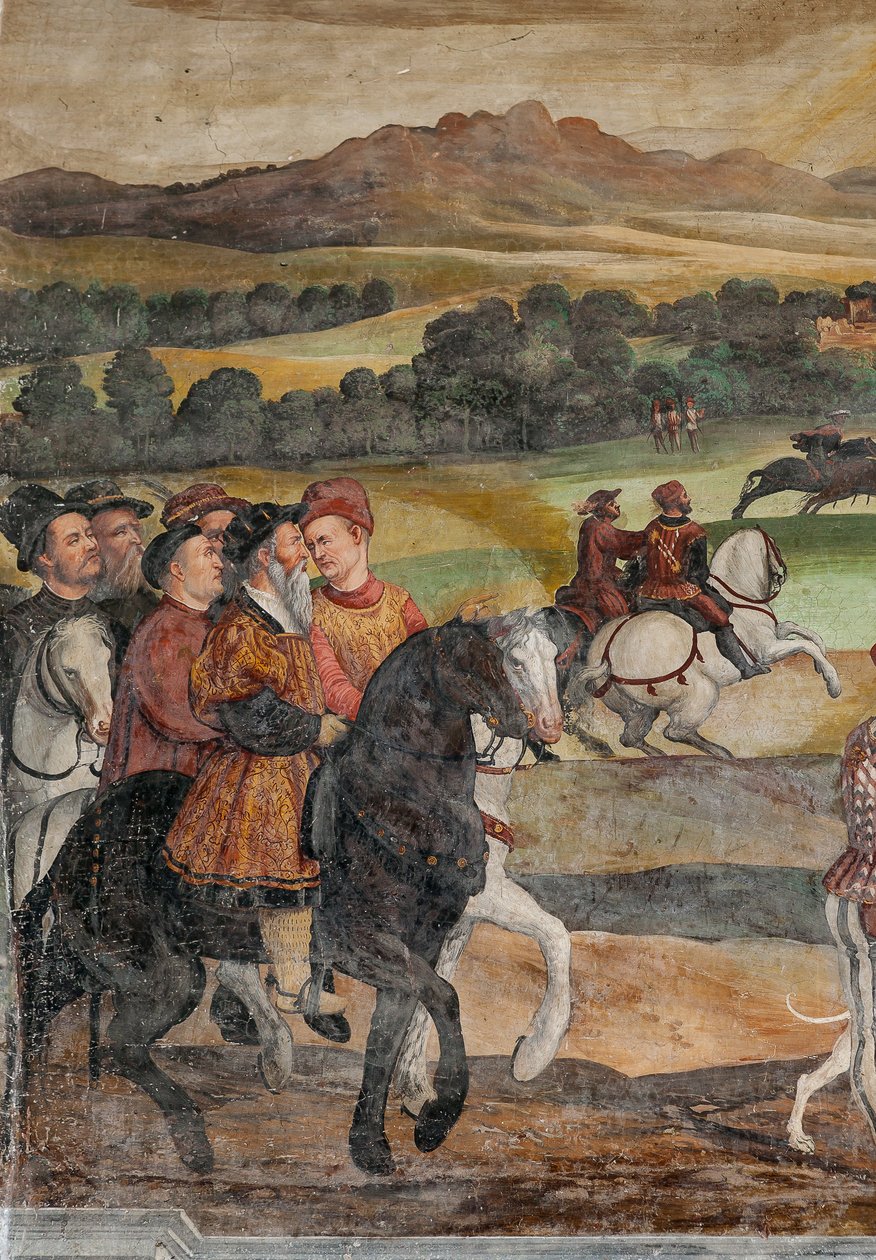Jachtscène, (detail) van het Bezoek van Christiaan I van Denemarken aan Bartolomeo Colleoni, Erezaal door Marcello or Romani Girolamo (Romanino) (c.1485 c.1566) (attr.to) Fogolino