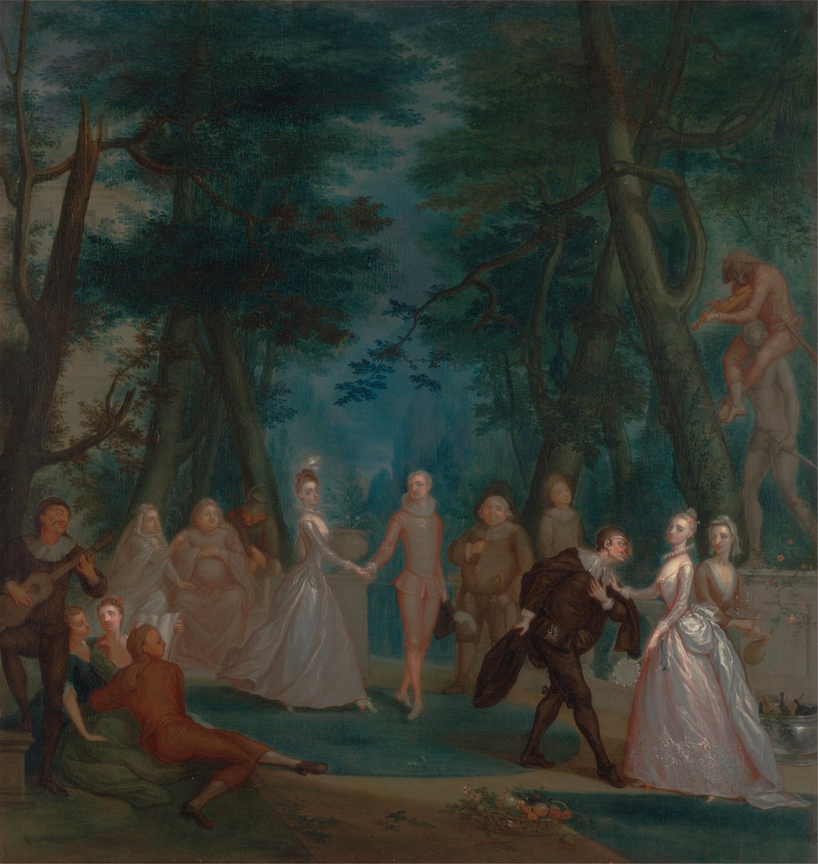 Scène in een park, met figuren uit de Commedia dell