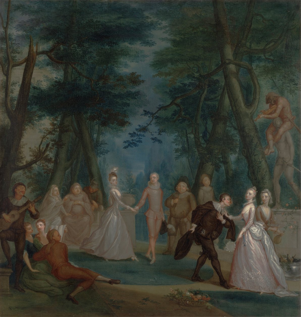 Scène in een park, met figuren uit de Commedia dell