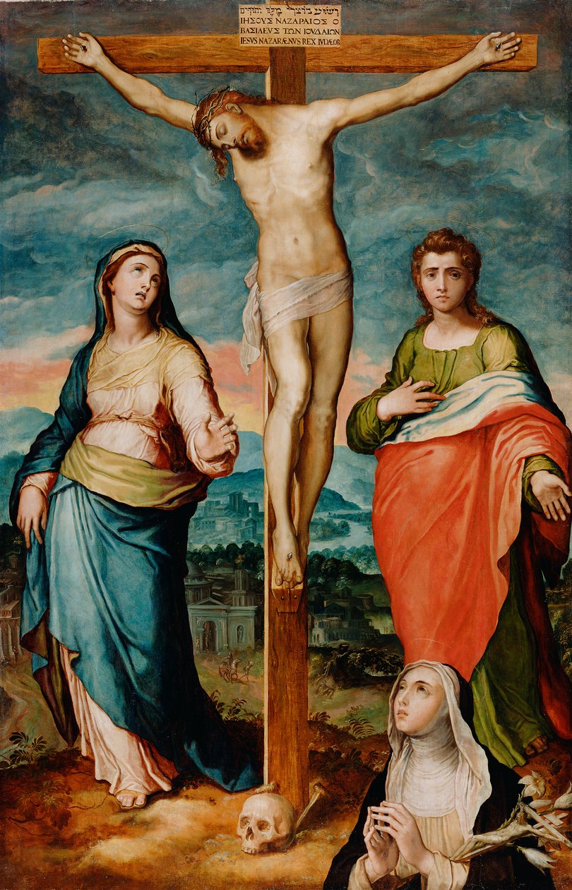 Christus aan het kruis met heiligen Maria, Johannes de Evangelist en Catharina van Siena, ca. 1570 door Marco Pino