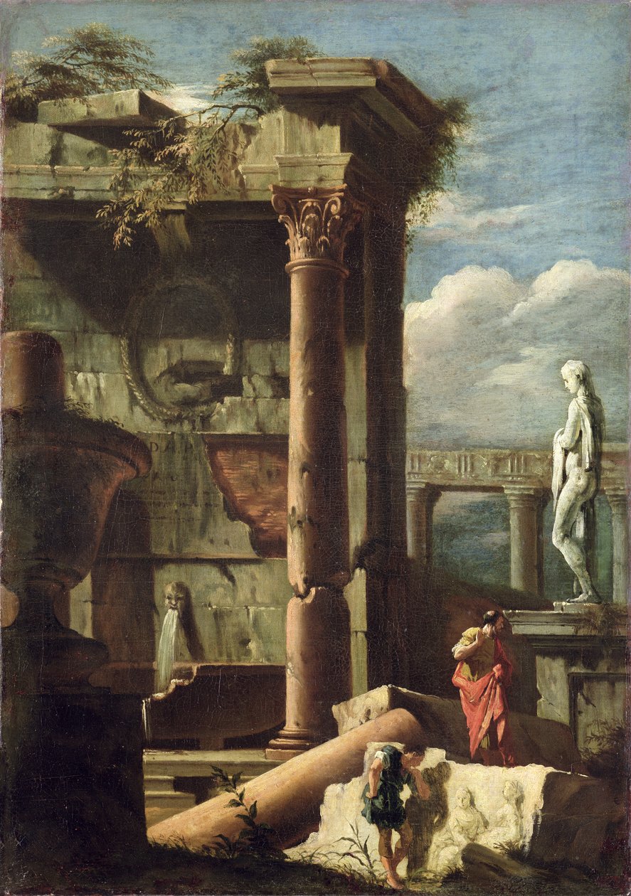 Oud gebouw met een standbeeld en decoratieve figuren door Marco Ricci