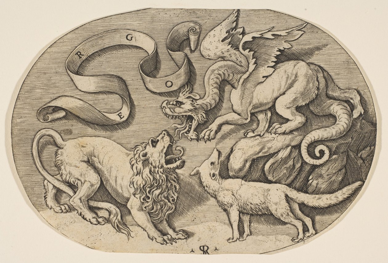 Een leeuw, draak en vos die elkaar bevechten, een ingeschreven banderol erboven, een ovaal, ca. 1515-27 door Marco Dente