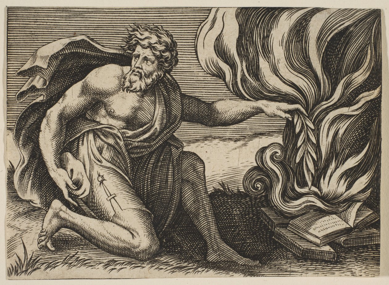 Een man knielt en legt een lauriertak op een stapel brandende boeken, ca. 1515-27 door Marco Dente