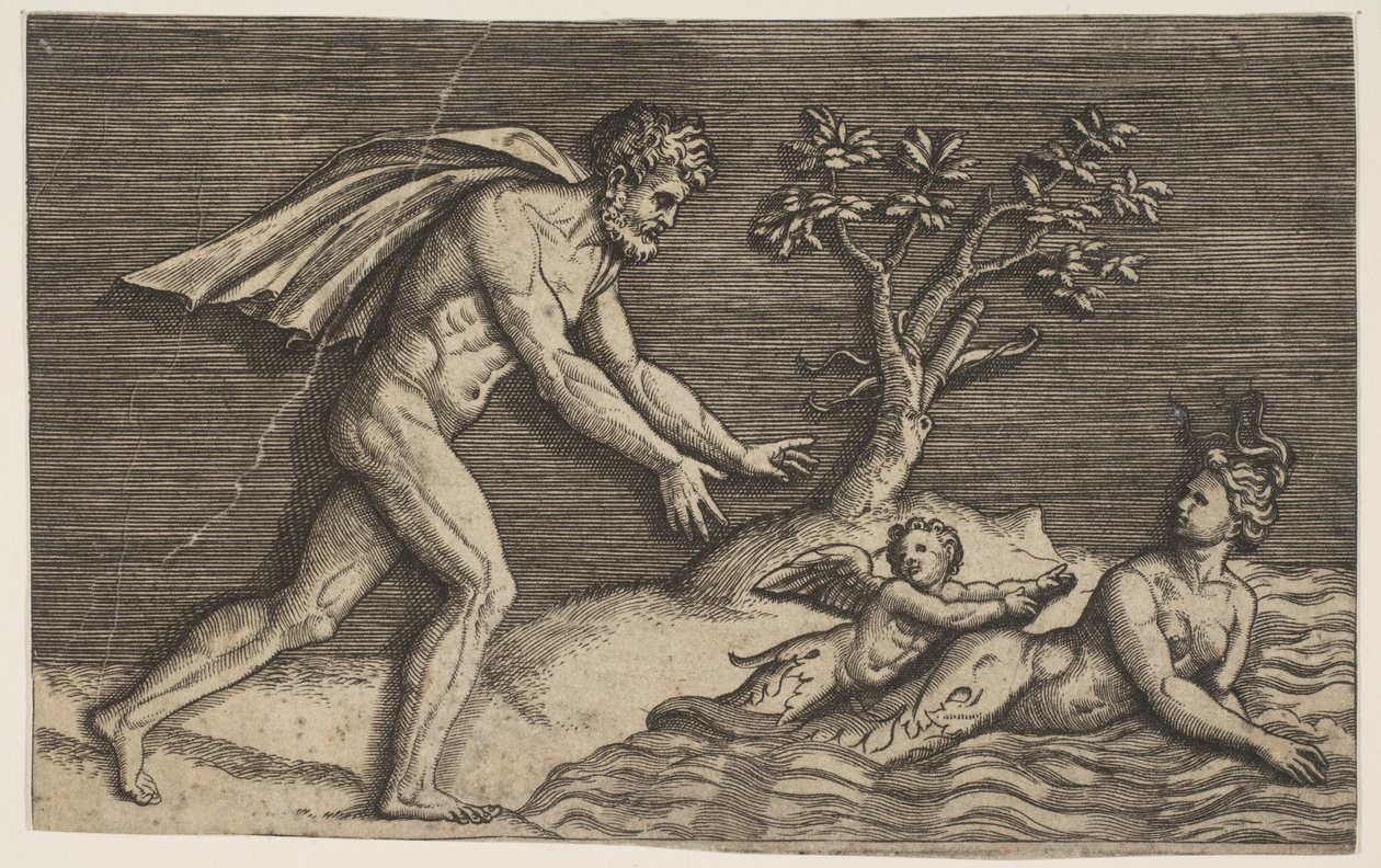 Een naakte man die een najade en een cupido het water in jaagt, ca. 1515-27 door Marco Dente
