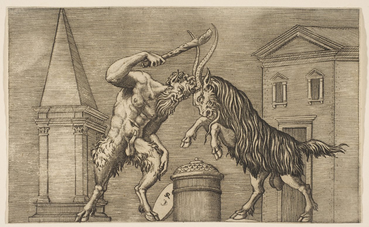 Een sater en een ram die elkaar aanvallen, de sater zwaait met een knuppel in zijn rechterhand..., ca. 1515-27 door Marco Dente