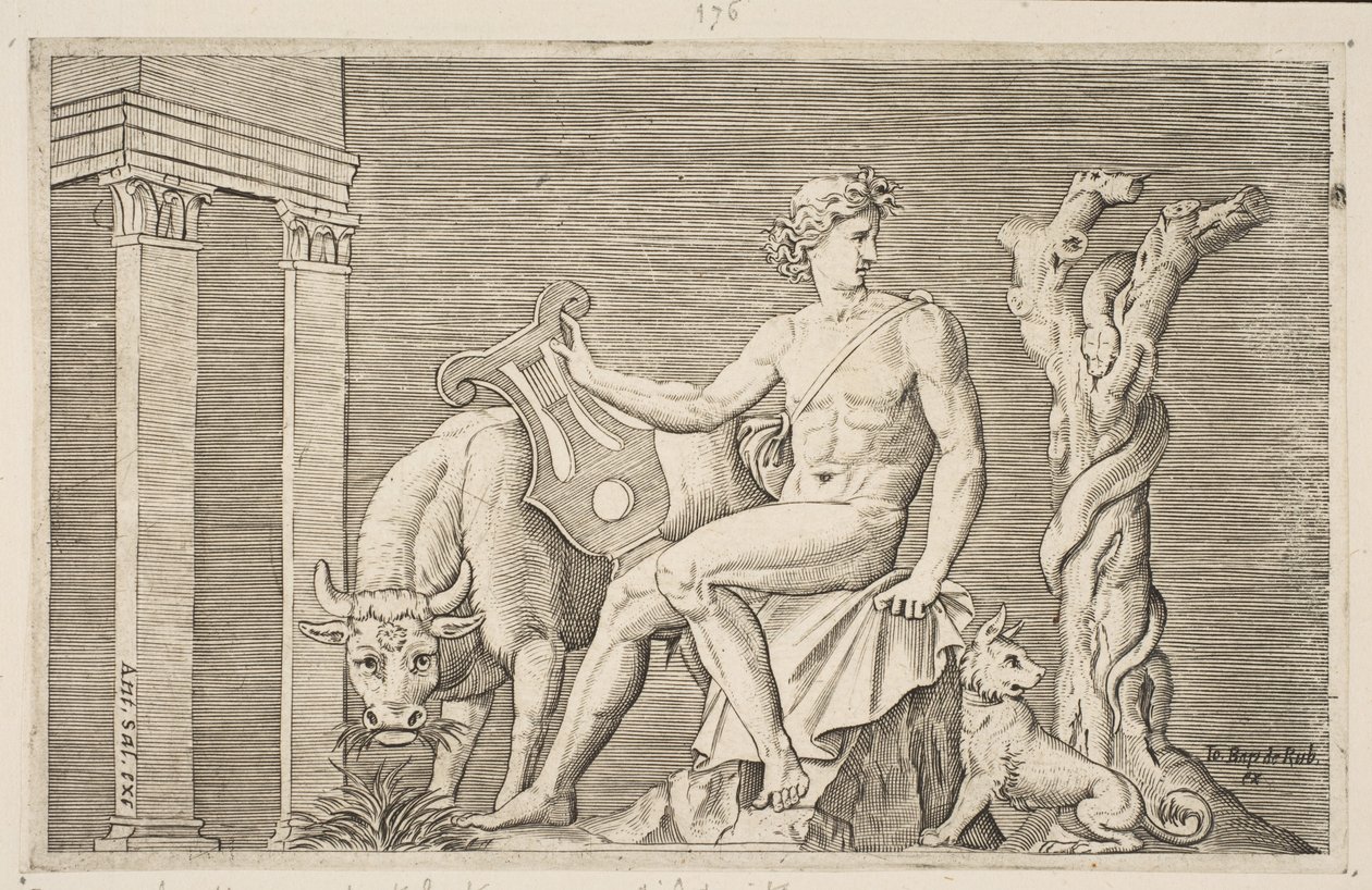 Apollo die de kuddes van Admetus hoedt, Apollo zittend met een lier en geflankeerd door een..., ca. 1515-27 door Marco Dente