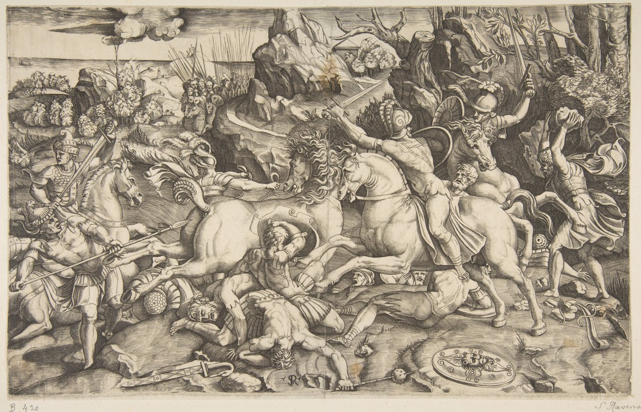 Slagveld in een landschap met soldaten te paard en verschillende gevallen mannen, een ander..., ca. 1520 door Marco Dente