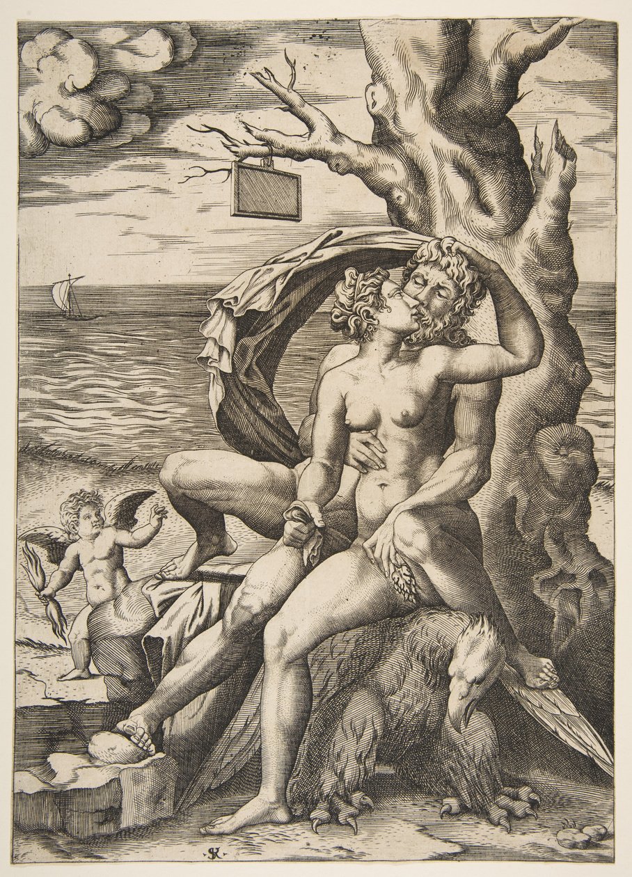 Jupiter en Semele omhelzen elkaar, een adelaar onder hen, een boom rechts door Marco Dente