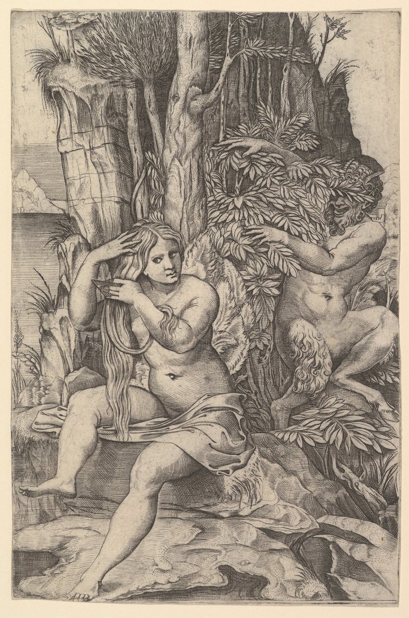 Pan bespiedt de nimf Syrinx die op een rots zit en haar haar kamt, ca. 1516-20 door Marco Dente
