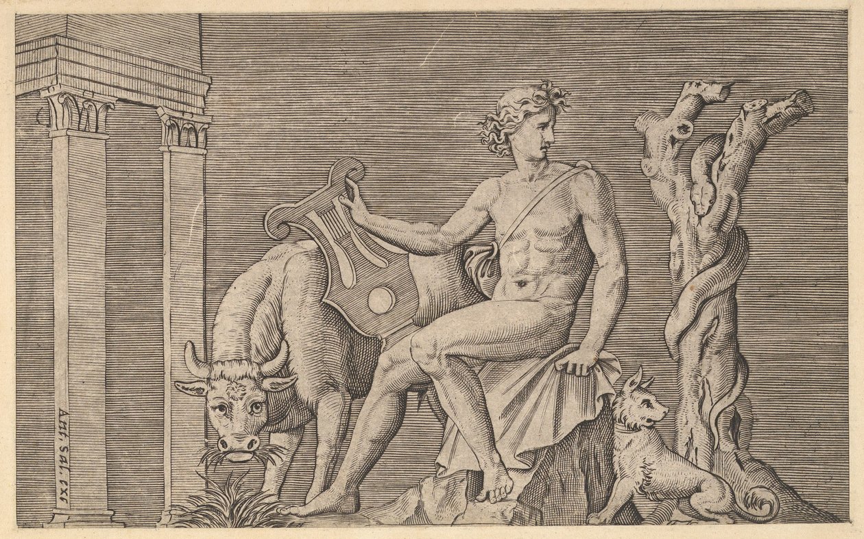 Speculum Romanae Magnificentiae: Apollo die de kuddes van Admetus hoedt, 16e eeuw door Marco Dente