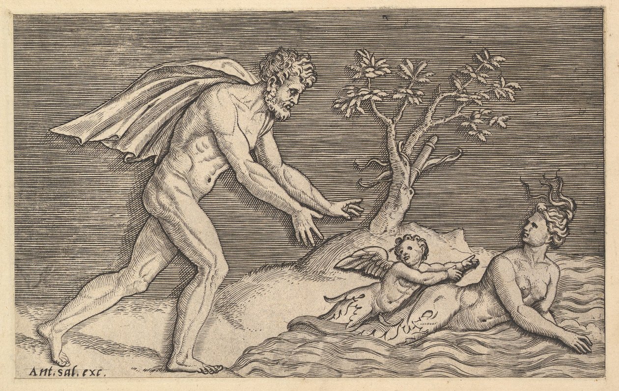 Speculum Romanae Magnificentiae: Naakte Man die een Naiade Achtervolgt, ca. 1515-1527 door Marco Dente