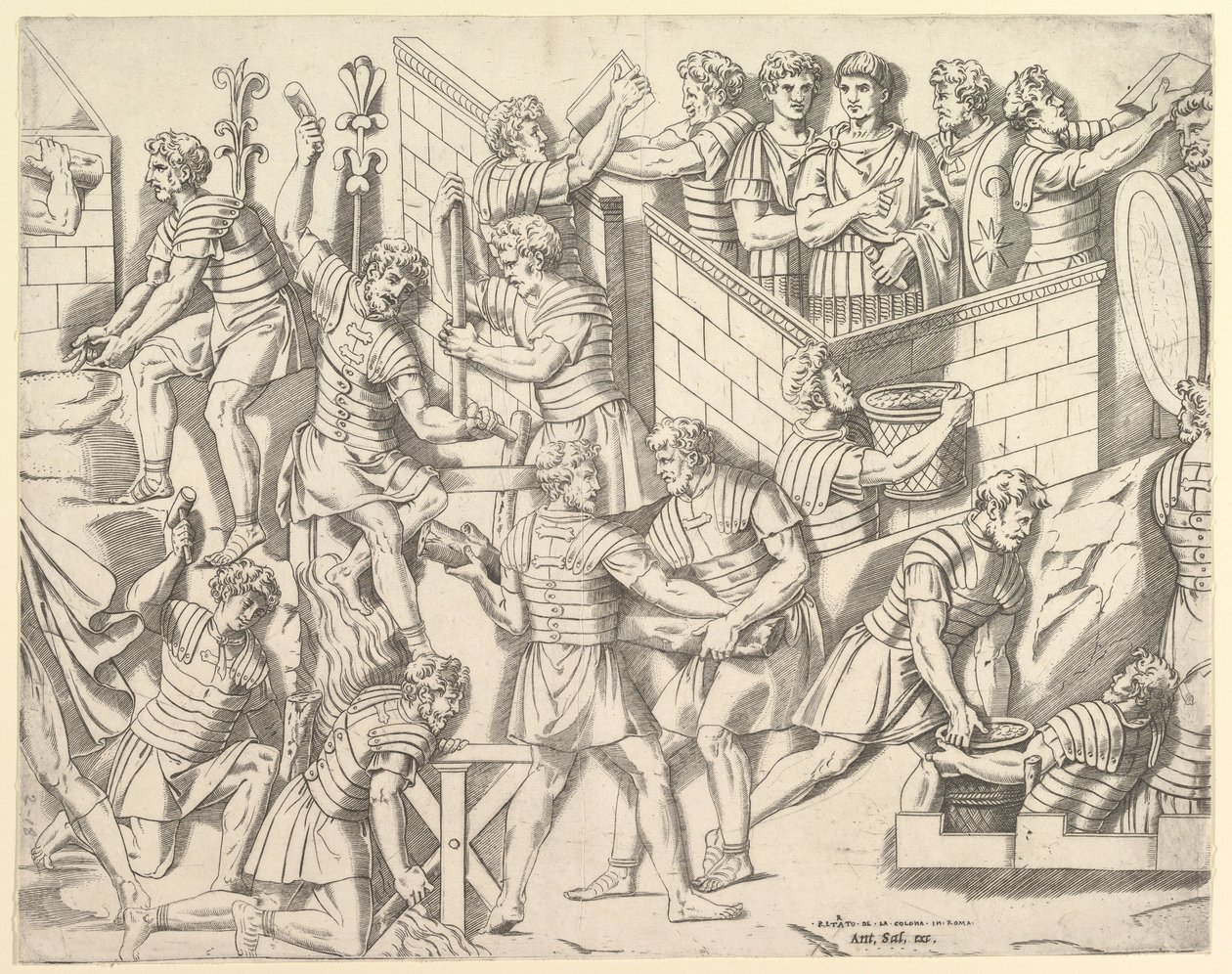 Speculum Romanae Magnificentiae: Romeinse soldaten versterken hun kamp, uit Trajan..., 16e eeuw door Marco Dente