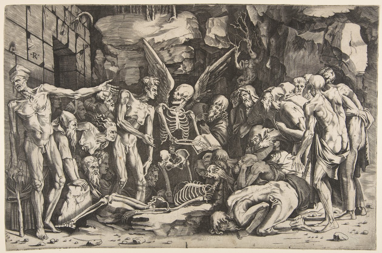 De skeletten, een groep uitgemergelde mannen en vrouwen verzameld rond een skelet, 1515-27 door Marco Dente