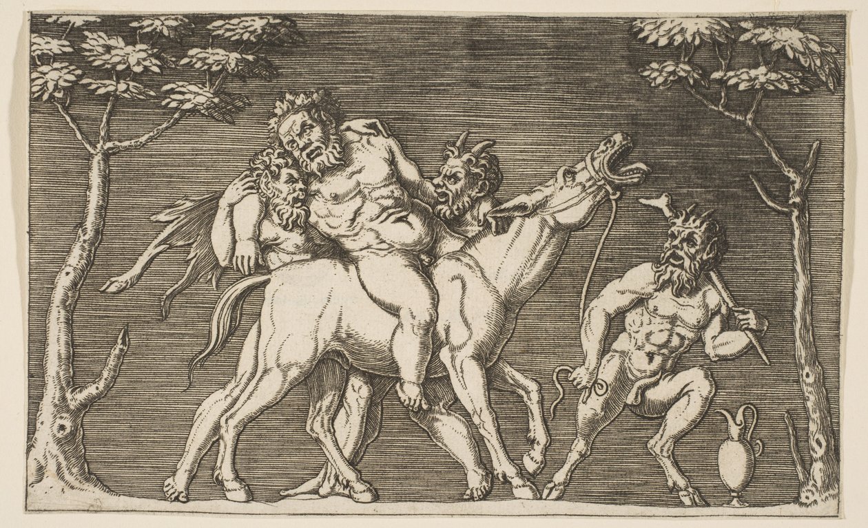 Twee saters plaatsen Silenus op een balkende muilezel en een derde sater rechts door Marco Dente