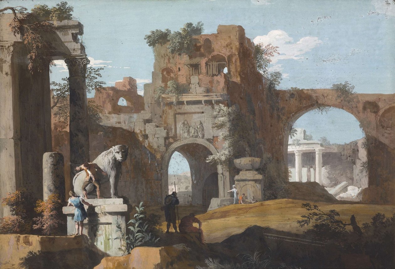Een klassiek landschap met ruïnes door Marco Ricci