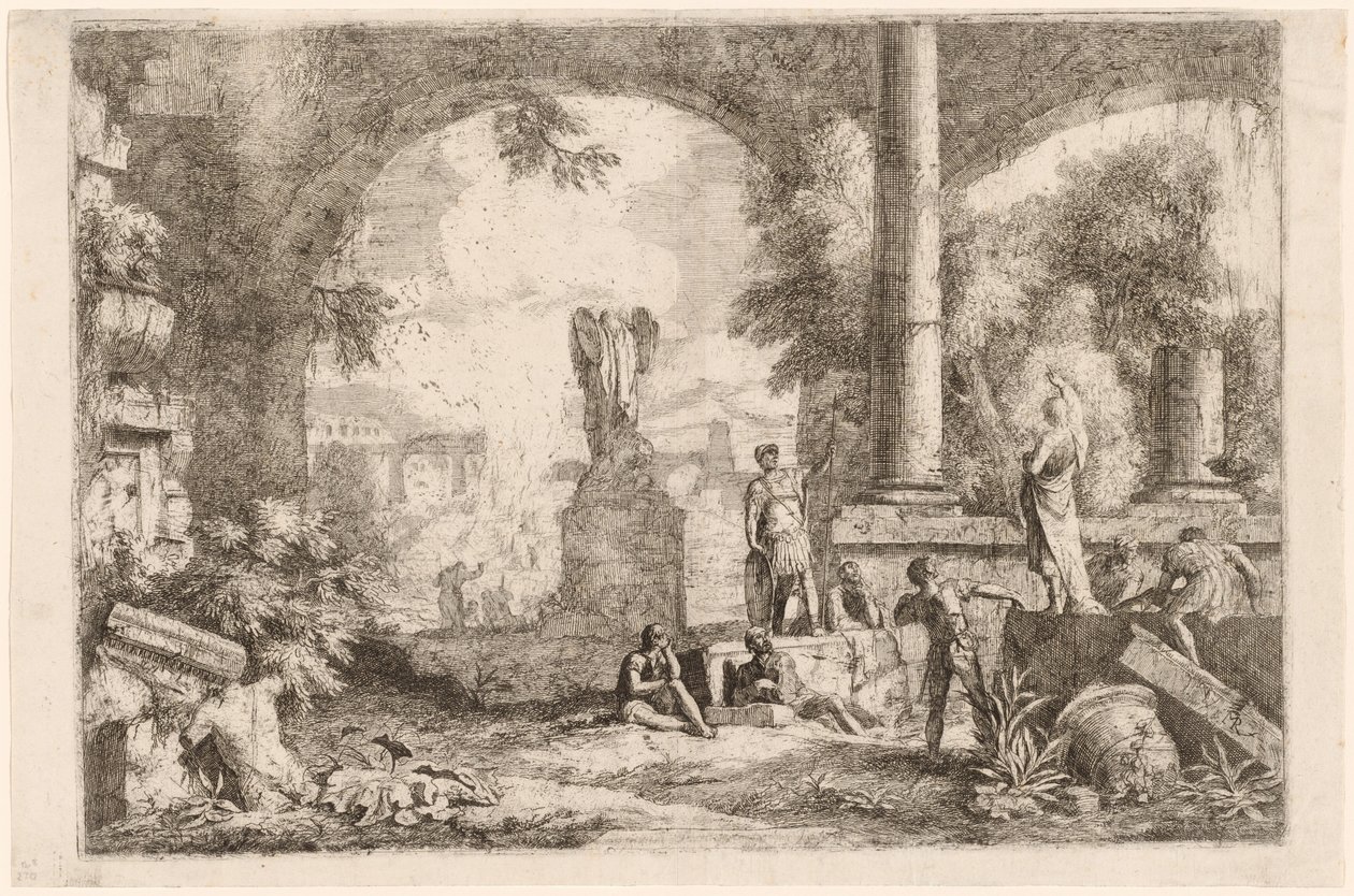Capriccio van antieke ruïnes met mannen die naar een klassieke redenaar kijken door Marco Ricci