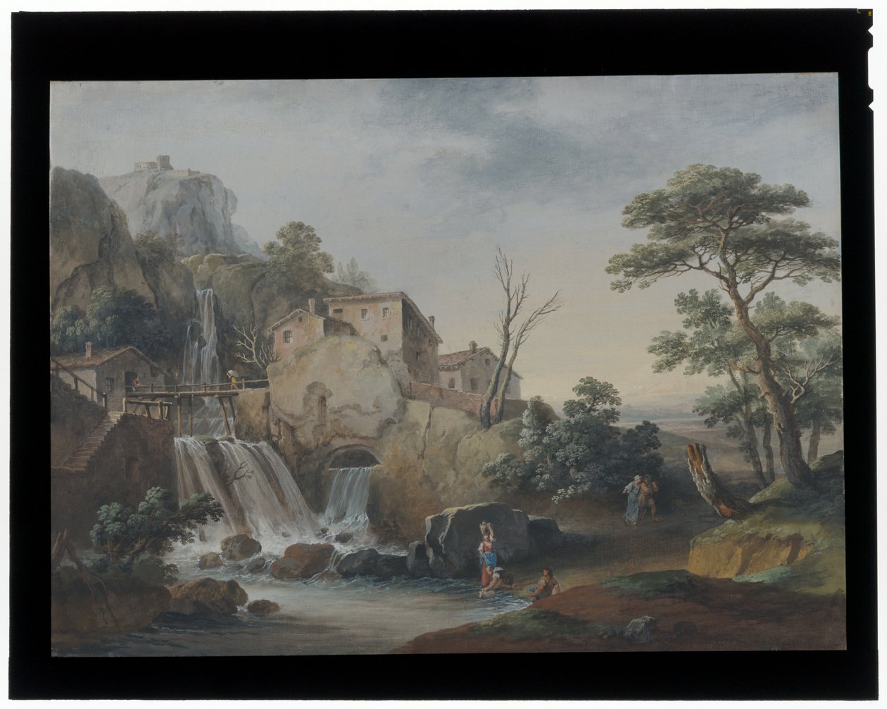 Landschap met waterval en huisjes door Marco Ricci