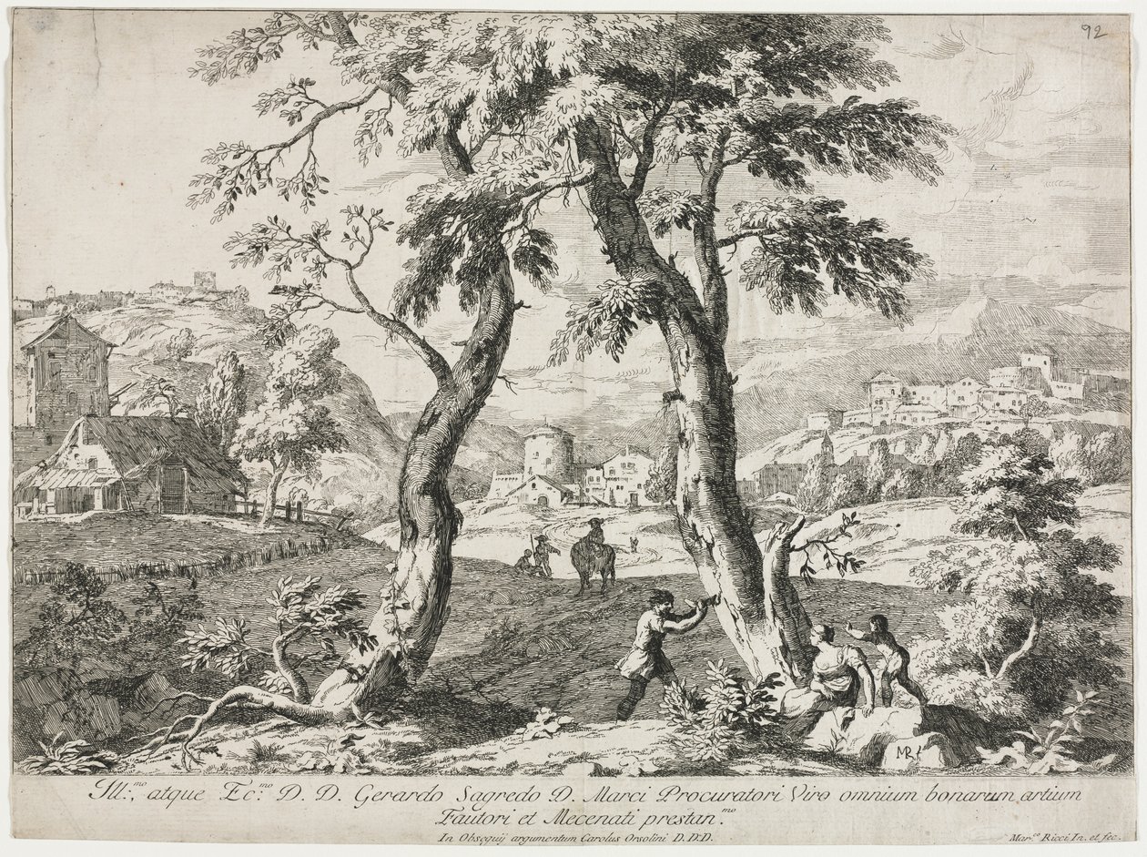 Uitzicht op een dorp met figuren op de voorgrond door Marco Ricci