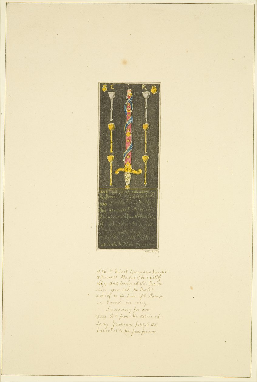 Bord dat vroeger tegen de noordmuur van St. Mary Redcliffe hing ter herdenking van het geschenk van Sir Robert Yeomans aan de parochie door Marcus H. Homes