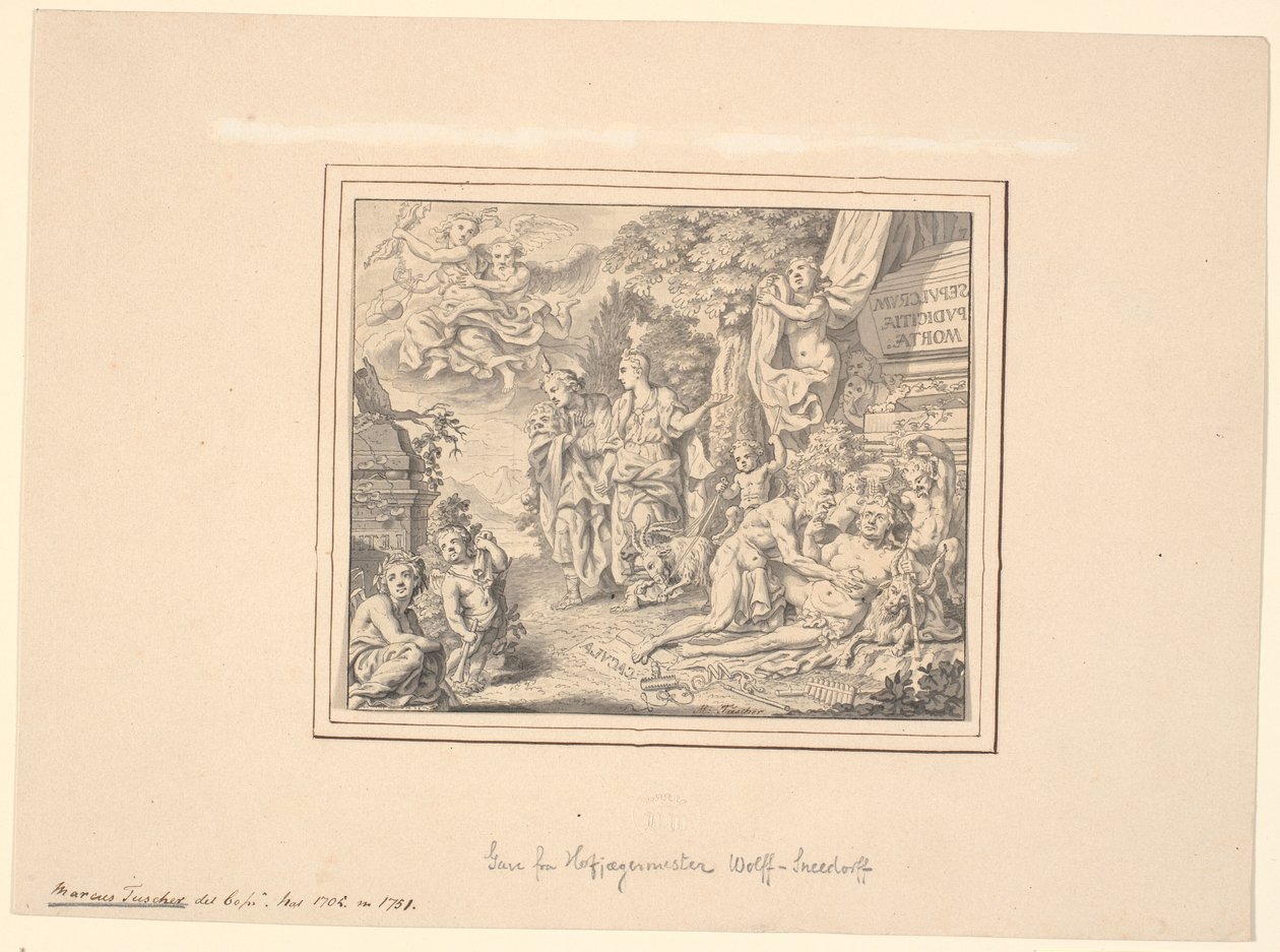 Allegorisch blad met de dronken Silenus en andere mythologische en allegorische figuren bij een sarcofaag met het opschrift: "Sepulcrum pudicitiae mortae" door Marcus Tuscher