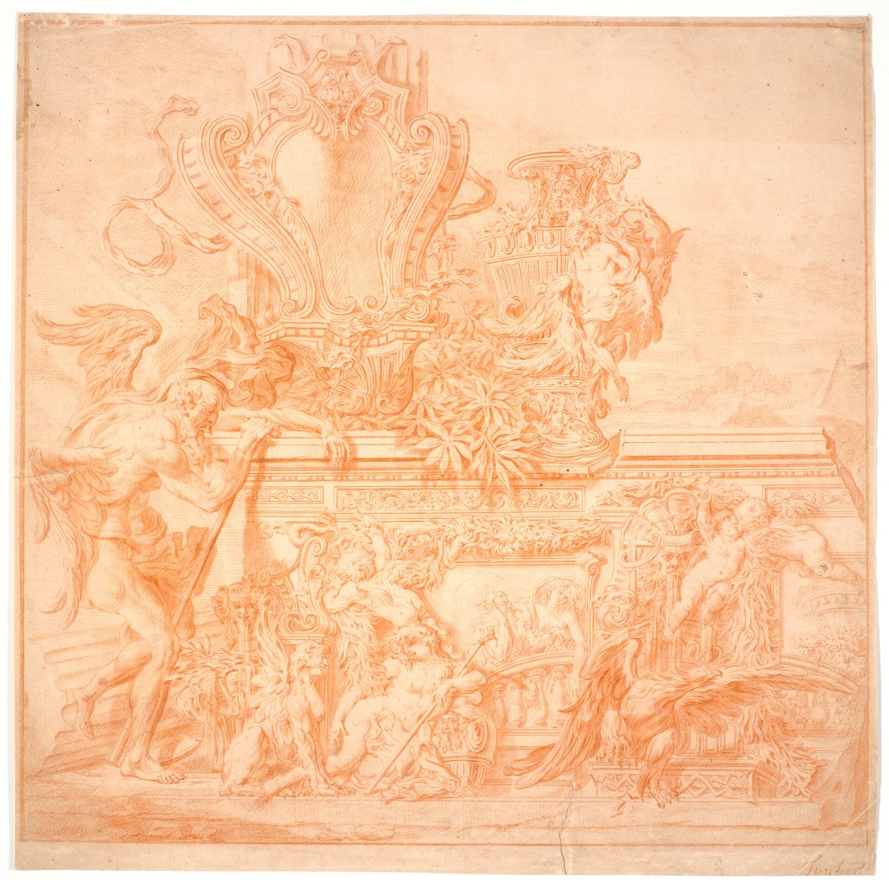 Decoratieschets met een oude man, symboliserend de tijd, een schild, een vaas, een adelaar en verschillende allegorische figuren door Marcus Tuscher