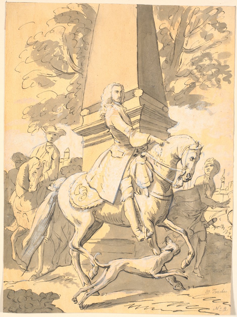 Voorname heer gevolgd door bedienden rijdt langs een monument door Marcus Tuscher
