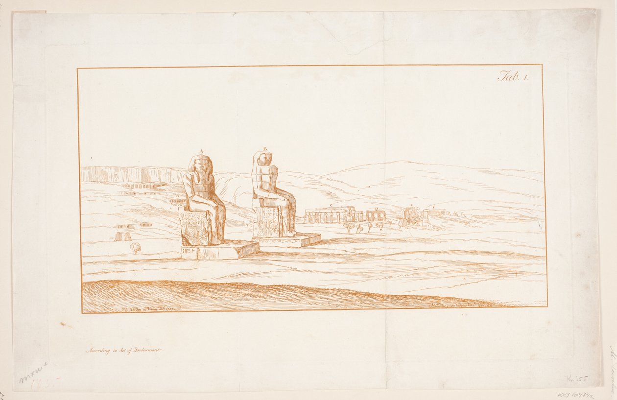 Illustratie bij "Tekeningen van enkele ruïnes en kolossale beelden in Thebe in Egypte met een verslag van de roem in een brief aan de Royal Society", Londen 1741 door Marcus Tuscher