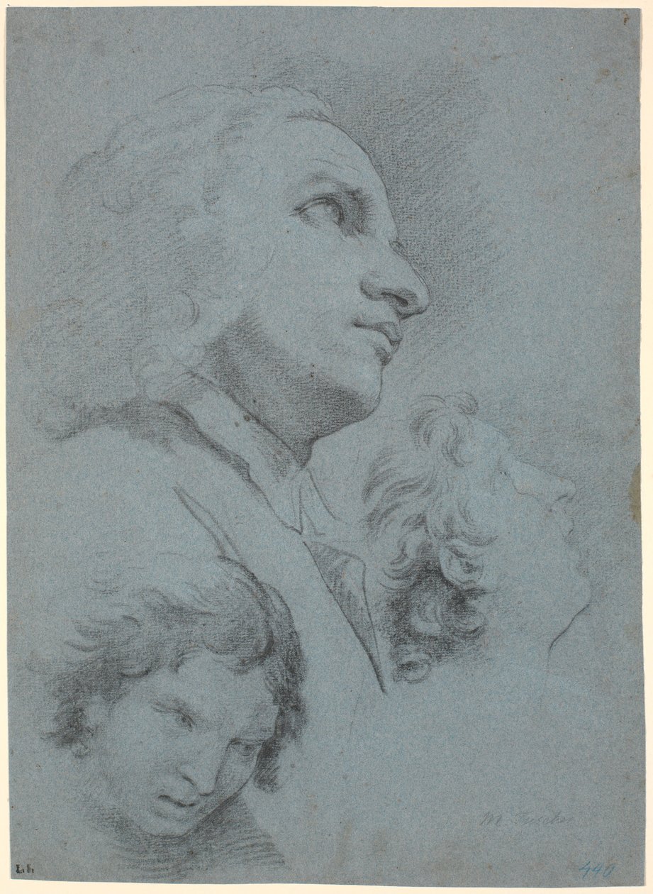 Studieblad met drie hoofden. Studie voor "Het wonder van San Giuseppe Calasanz