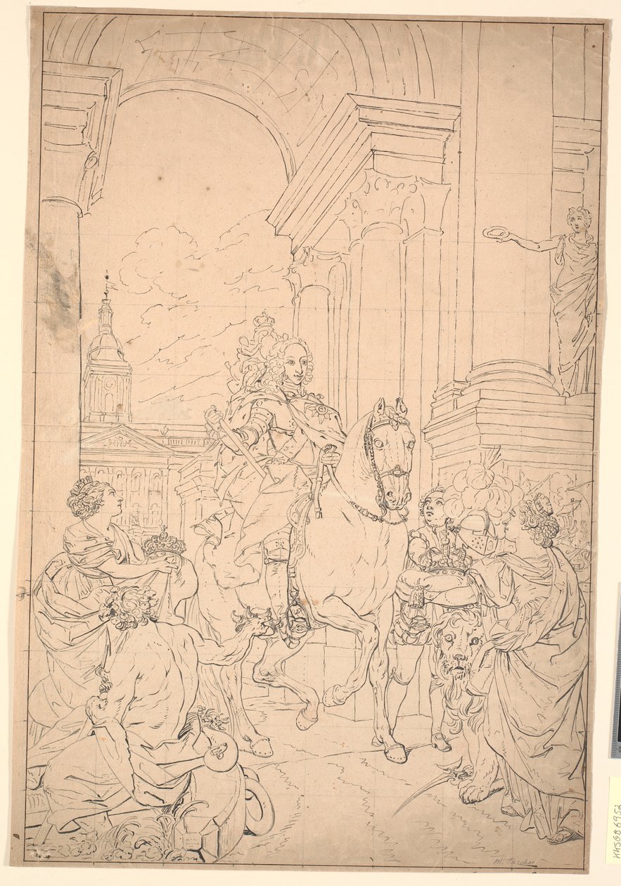Ontwerp voor het schilderij: Denemarken en Noorwegen eren Chr. VI door Marcus Tuscher