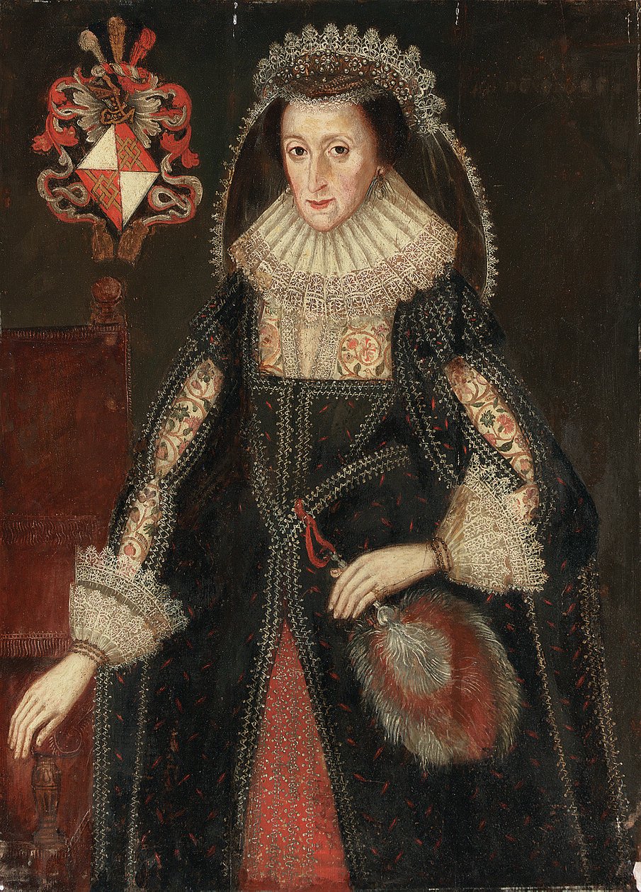 Portret van Lady Eleanor Dutton, driekwart lengte, in elegante jurk, staand naast een stoel met het wapen van de familie Dutton uit Cheshire en Gloucestershire door Marcus the Younger Gheeraerts