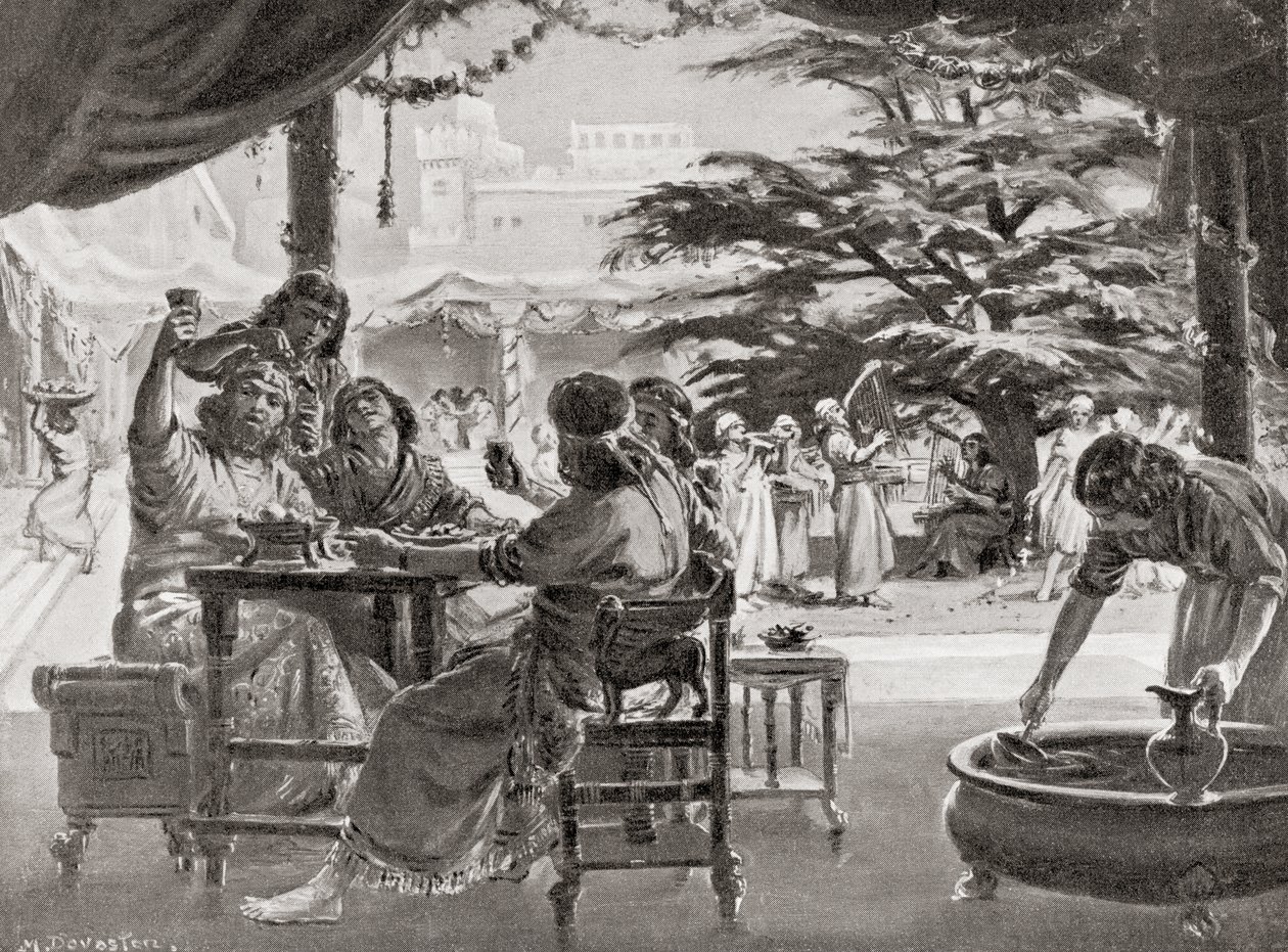 Verheuging in Babylon over de wederopbouw van de stad door Esarhaddon, uit Hutchinson