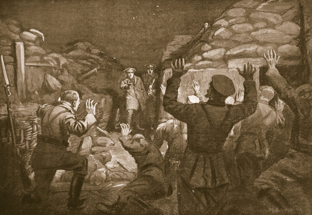 Een Duitse officier en veertien van zijn mannen roepen om genade naar luitenant Leach (litho) door Margaret Dovaston