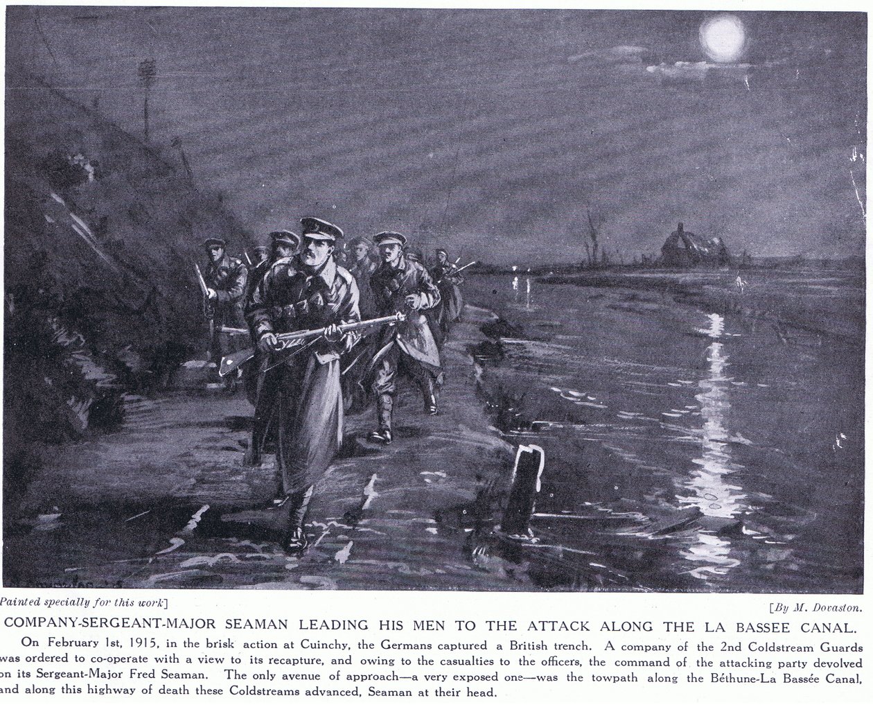 Compagniessergeant majoor Seaman leidt zijn mannen langs het La Basse-kanaal februari 1915 (litho) door Margaret Dovaston